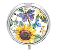 Pastillero Redondo Girasoles Libélula Mariposa Pastillero Portátil Organizador Vitaminas Contenedor Con 3 Compartimentos