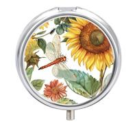 Pastillero Redondo Girasoles Libélula Mariposa Pastillero Portátil Organizador Vitaminas Contenedor Con 3 Compartimentos