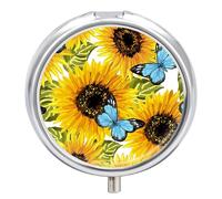 Pastillero Redondo Girasoles Mariposa Pastillero Portátil Organizador Vitaminas Contenedor Con 3 Compartimentos