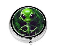 Pastillero redondo Green Alien, bonito y pequeño, mini pastillero, pastillero redondo de metal, pastillero de viaje