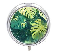 Pastillero Redondo Hojas De Monstera Tropical Pastillero Portátil Organizador Vitaminas Contenedor Con 3 Compartimentos