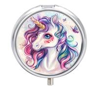 Pastillero Redondo Lindo Pelo De Unicornio Arcoiris Con Mariposa Pastillero Portátil Organizador Vitaminas Contenedor Con 3 Compartimentos