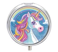 Pastillero Redondo Lindo Unicornio Arco Iris Nubes Pastillero Portátil Organizador Vitaminas Contenedor Con 3 Compartimentos