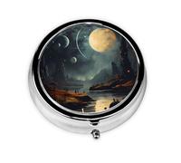 Pastillero redondo Moon Stars and Planets, ligero y portátil, con 3 insertos de plástico, adecuado para llevar en bolsillos o carteras.