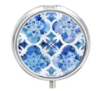 Pastillero Redondo Patrón Acuarela Azul Marroquí Pastillero Portátil Organizador Vitaminas Contenedor Con 3 Compartimentos
