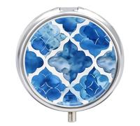 Pastillero Redondo Patrón De Acuarela Azul Marroquí Pastillero Portátil Organizador Vitaminas Contenedor Con 3 Compartimentos