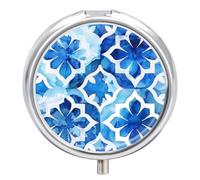 Pastillero Redondo Patrón Marroquí En Acuarela Azul Pastillero Portátil Organizador Vitaminas Contenedor Con 3 Compartimentos