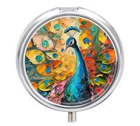 Pastillero Redondo Pavo Real Hermoso Pájaro Pintura Al Óleo Pastillero Portátil Organizador Vitaminas Contenedor Con 3 Compartimentos