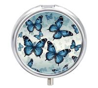 Pastillero redondo pequeño con bolsillo para espejo, 3 compartimentos, mariposa azul, organizador de pastillas para bolso de viaje y bolsillo