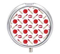 Pastillero Redondo Pintalabios Rojo Y Flores Pastillero Portátil Organizador Vitaminas Contenedor Con 3 Compartimentos
