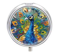 Pastillero Redondo Pintura Al Óleo Hermoso Pavo Real Pastillero Portátil Organizador Vitaminas Contenedor Con 3 Compartimentos