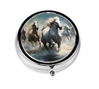 Pastillero redondo portátil con 3 compartimentos para llevar con caballos corriendo salvajes en el río, cabe en el bolsillo de tu bolso, pastillero ligero de 3 compartimentos