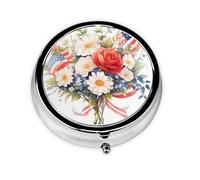 Pastillero redondo portátil con banderas y flores, cabe en el bolsillo de tu bolso, pastillero ligero de 3 compartimentos,