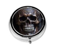 Pastillero redondo portátil con diseño de calavera de color cobre, cabe en el bolsillo de tu bolso, pastillero ligero de 3 compartimentos,