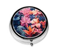 Pastillero redondo portátil con hojas de plantas tropicales, cabe en el bolsillo de tu bolso, pastillero ligero de 3 compartimentos,