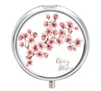 Pastillero Redondo Rama De Flores Rosadas Pastillero Con 3 Rejillas, Con Espejo, Portátil, A De Humedad, Distribuidor De Metal, Caja De Almacenamiento, Regalo Único