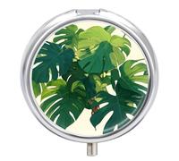 Pastillero Redondo Tropical Monstera Hojas Pastillero Portátil Organizador Vitaminas Contenedor Con 3 Compartimentos