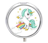 Pastillero Redondo Unicornio Azul Arcoiris Pastillero Con 3 Rejillas, Con Espejo, Portátil, A De Humedad, Distribuidor De Metal, Caja De Almacenamiento, Regalo Único