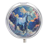 Pastillero Redondo Unicornio Azul Nubes Arco Iris Pastillero Portátil Organizador Vitaminas Contenedor Con 3 Compartimentos