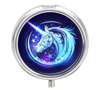 Pastillero Redondo Unicornio Azul Pastillero Con 3 Rejillas, Con Espejo, Portátil, A De Humedad, Distribuidor De Metal, Caja De Almacenamiento, Regalo Único