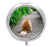Pastillero Redondo Vista Trasera Del Gato Pastillero Con 3 Rejillas, Con Espejo, Portátil, A De Humedad, Distribuidor De Metal, Caja De Almacenamiento, Regalo Único