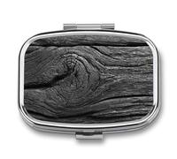 Pastillero retro con textura de madera negra oscura con 2 compartimentos, portátil, organizador de pastillas de viaje para bolso de bolsillo
