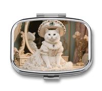 Pastillero rococó para gatos, organizador de pastillas de viaje con 2 compartimentos semanales con espejo, contenedor de medicamentos para un día, organizador de medicamentos para bolso, bolsillo o