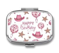Pastillero rosa con temática de vaquera para fiesta de cumpleaños, 2 compartimentos, organizador de pastillas de viaje para bolso de bolsillo
