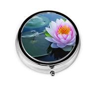 Pastillero Rosa nenúfar o flor de loto en estanque Pastillero para monedero Lindo pequeño organizador de pastillas de forma redonda de viaje