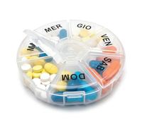 Pastillero semanal con 7 compartimentos redondos, 8,5 cm, con texto grande en italiano para pastillas y suplementos - Nuevo modelo con cremalleras reforzadas - Organizador compacto y fácil de usar