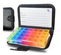 Pastillero semanal con bolsa negra francesa de 7 días - 28 compartimentos para mañana, mediodía noche y noche - Ideal viaje color arcoíris - Accesorio médico sin BPA