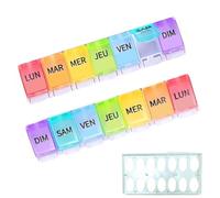 Pastillero semanal francés mañana y noche | 2 x 7 días + base | Caja de medicamento para cada día de la semana | Gran capacidad | Apertura fácil | Color arcoíris | Sin BPA