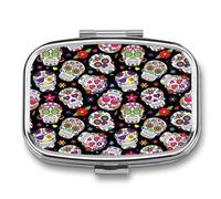 Pastillero Sugar Skull Caja De Almacenamiento A De Humedad Cuadrada Portátil Del Dispensador Del Metal De 2 Compartimentos Con El Regalo Único Del Espejo