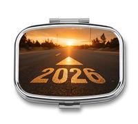 Pastillero Sunrise Glowing Golden 2026 on The Road con 2 compartimentos, organizador de pastillas de viaje para bolso de bolsillo