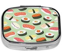 Pastillero, sushi delicioso en verde impreso, pastillero cuadrado para bolsillo o monedero, pastillero pequeño, organizador de pastillas de viaje