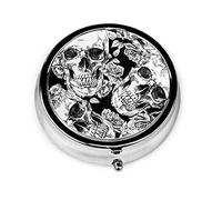 Pastillero textura calaveras flores negro blanco pastillero para monedero lindo pequeño organizador de pastillas redondo de viaje