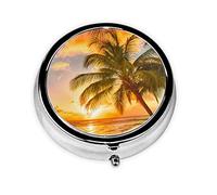 Pastillero Tropical Beach Palmera Puesta de sol Personalizado Viaje Pastillero Pastillero Redondo Pastillero Decorativo Metal Medicina Vitamina Organizador Caja