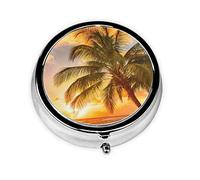 Pastillero Tropical Beach Palmera Puesta de sol Personalizado Viaje Pastillero Pastillero Redondo Pastillero Decorativo Metal Medicina Vitamina Organizador Caja