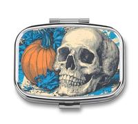 Pastillero vintage con diseño de calavera naranja y calabaza, 2 compartimentos, portátil, organizador de pastillas de viaje para bolso de bolsillo