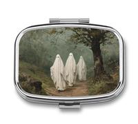 Pastillero vintage de tres fantasmas caminando en el bosque, pastillero portátil con 2 compartimentos, organizador de pastillas de viaje para bolso de bolsillo