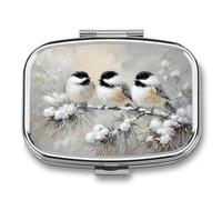 Pastillero vintage de tres pájaros posados en ramas de pino, pastillero portátil con 2 compartimentos, organizador de pastillas de viaje para bolso de bolsillo