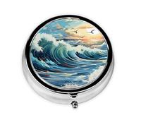 Pastillero Wave Sailboat Seagull para llevar a lo largo de la pastillera redonda portátil, cabe en el bolsillo de tu bolso, pastillero ligero de 3 compartimentos,