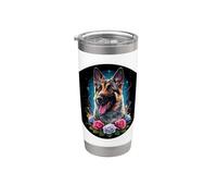 Pastor alemán alemán mágico con rosas coloridas Vaso térmico de acero inoxidable de doble pared