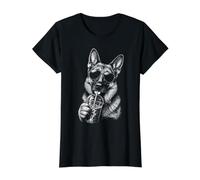 Pastor alemán Bebiendo café Helado Divertido Amante de los Perros Camiseta gráfica económica, Mujer, Negro, L