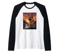 Pastor Alemán Perro Amante Vintage Atardecer Bosque Naturaleza Camiseta Manga Raglan