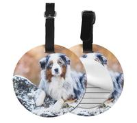 Pastor australiano nieve invierno hermosos perros,Etiquetas de equipaje de cuero sintético con nombre, etiquetas de viaje duraderas, 2 unidades