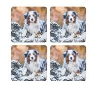 Pastor Australiano Nieve Invierno Hermosos Perros,Posavasos Cuadrados de Corcho MDF, Almohadilla para Tazas, Juego de 4 Posavasos para Bebidas