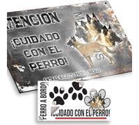 "Pastor Belga Malinois Cuidado con el Perro Cartel Español 15x9,5cm - Diseño Vintage Dibond con Pegatina Coche 20x5cm"