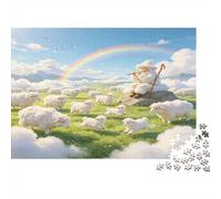 Pastor ovejas Campo Arco Iris Entre Nubes Puzzle de 1000 Piezas Papel Puzzle para Adultos Escena campestre soñada Juego de Puzzle 1000 Piezas Relajante Familiar Regalo 38x26cm/1000pcs