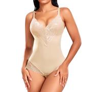 PASUDA Body Moldeador Mujer Faja Reductora Body Shapewear de Control de Abdomen Escote V Bodysuit Moldeador Reductor Colombianas Posparto Invisible Shapewear (Beige, S)